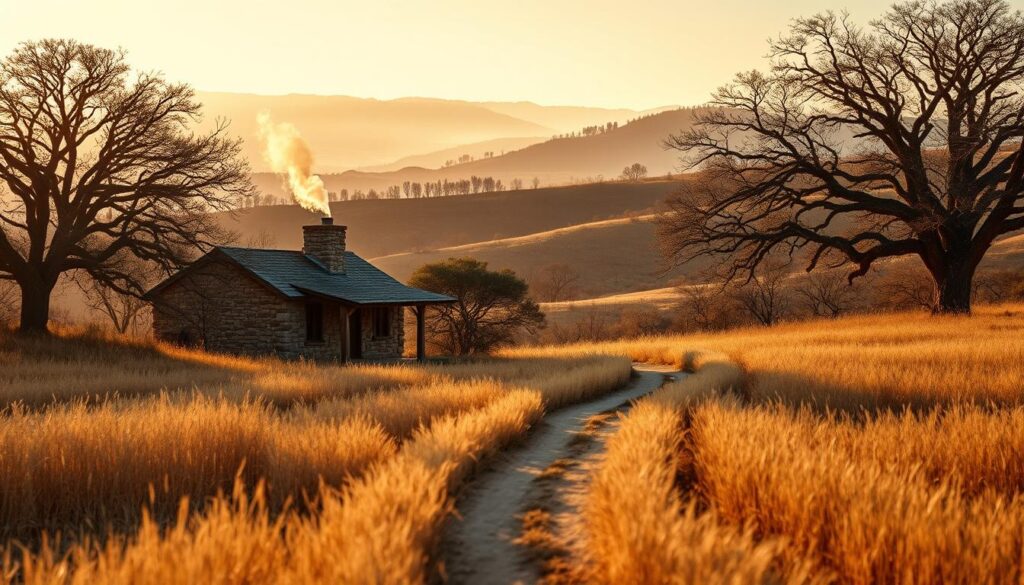 A picturesque hill country landscape in Texas, bathed in soft, golden winter light. In the foreground, a rustic stone cabin nestled amidst rolling hills and ancient oak trees, its chimney billowing with cozy smoke. The middle ground features a winding dirt path leading through a field of tall, swaying grasses. In the distance, a range of rugged, tree-covered hills recede into a hazy, atmospheric horizon. The scene exudes a sense of tranquility and timeless rural charm, inviting quiet contemplation by the fireside.