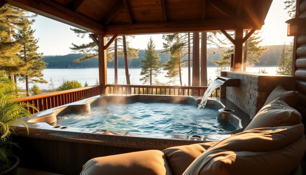 A picturesque lakefront hot tub pool nestled amidst lush foliage and towering pine trees. The water glistens in the soft, warm light of the golden hour, inviting guests to sink into its steaming embrace. Plush, oversized cushions line the pool's edge, creating a cozy lounge area perfect for taking in the serene natural surroundings. The pool's design seamlessly blends with the cabin's rustic-chic aesthetic, featuring weathered wood accents and a stone waterfall feature that cascades into the tranquil waters. A sense of relaxation and rejuvenation permeates the scene, promising an elevated stay for those seeking a peaceful escape.