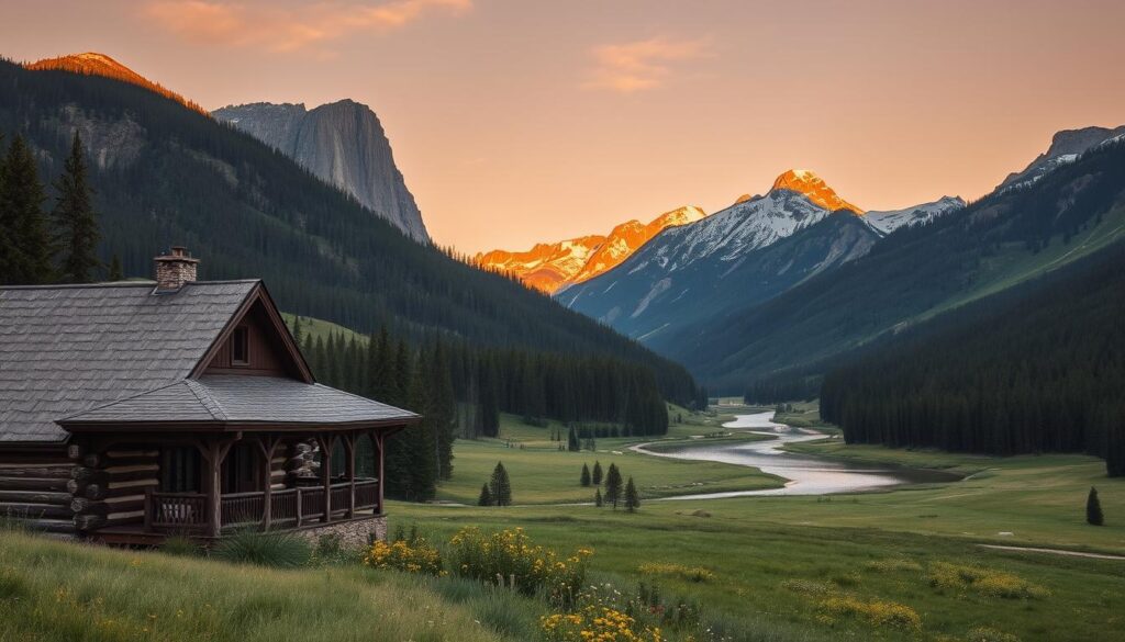 A picturesque landscape nestled in the heart of the Rocky Mountains, featuring a winding river cutting through a lush, verdant valley. The foreground showcases a rustic log cabin with a wraparound porch, its weathered exterior blending seamlessly into the natural surroundings. In the middle ground, a gently sloping meadow dotted with wildflowers leads the eye towards the towering peaks of the Big Sky Resort, their snow-capped summits glistening in the warm, golden light of a setting sun. The background is dominated by a vast, unspoiled wilderness, with dense pine forests and dramatic rock formations casting long shadows across the serene scene. The overall mood is one of peaceful solitude and tranquil beauty, inviting the viewer to escape the hustle and bustle of everyday life and immerse themselves in the quiet luxury of this Montana cabin retreat.