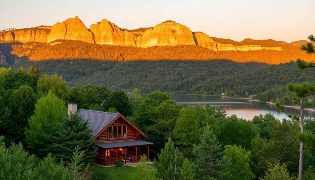 A picturesque landscape of Hocking Hills, Ohio's hidden gem. In the foreground, a cozy log cabin nestled among lush green forests, its warm glow inviting visitors to bask in its rustic charm. The middle ground reveals a tranquil lake, its still waters reflecting the surrounding trees and rocky cliffs. In the background, majestic sandstone formations rise, their rugged edges bathed in soft, golden light, creating a serene and romantic atmosphere. The scene is enhanced by the gentle play of shadows and highlights, evoking a sense of peaceful solitude and natural wonder.