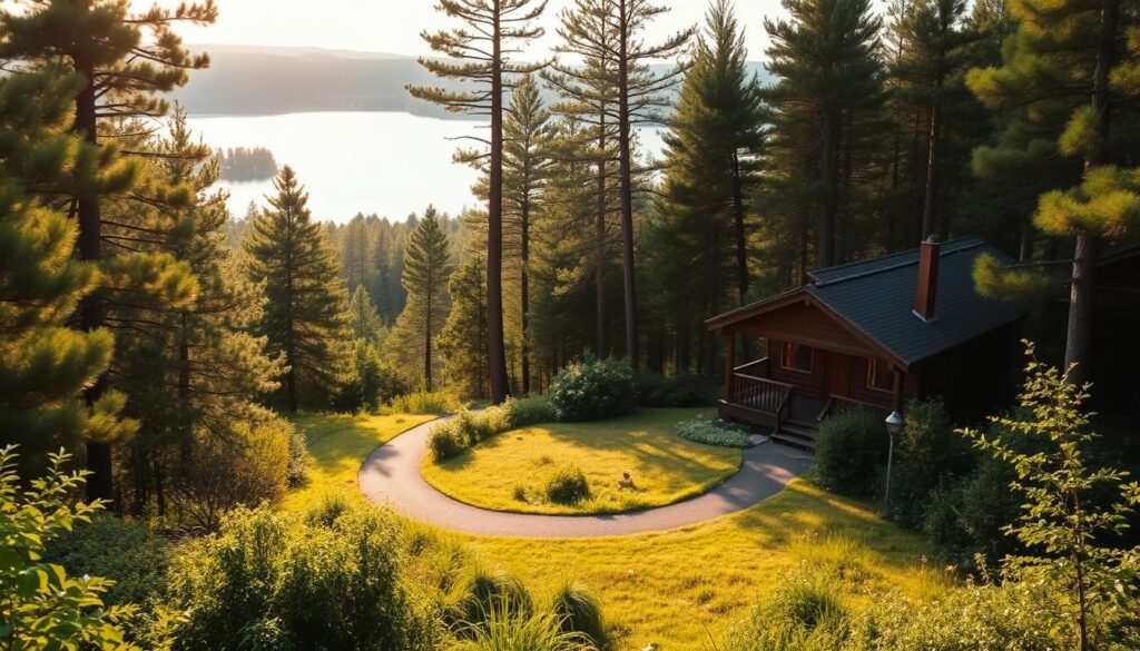 A picturesque landscape of a serene Delaware cabin nestled amidst lush, verdant woodlands. In the foreground, a cozy wooden cabin with a wraparound porch and charming details sits nestled between towering pines. The middle ground features a winding path leading through the dense forest, dappled with soft, golden sunlight filtering through the canopy above. In the background, a tranquil, pristine lake reflects the surrounding natural beauty, its calm waters mirroring the hues of the sky. The scene exudes a sense of peace, romance, and the allure of an intimate, private getaway, perfectly capturing the essence of a romantic Delaware cabin escape.
