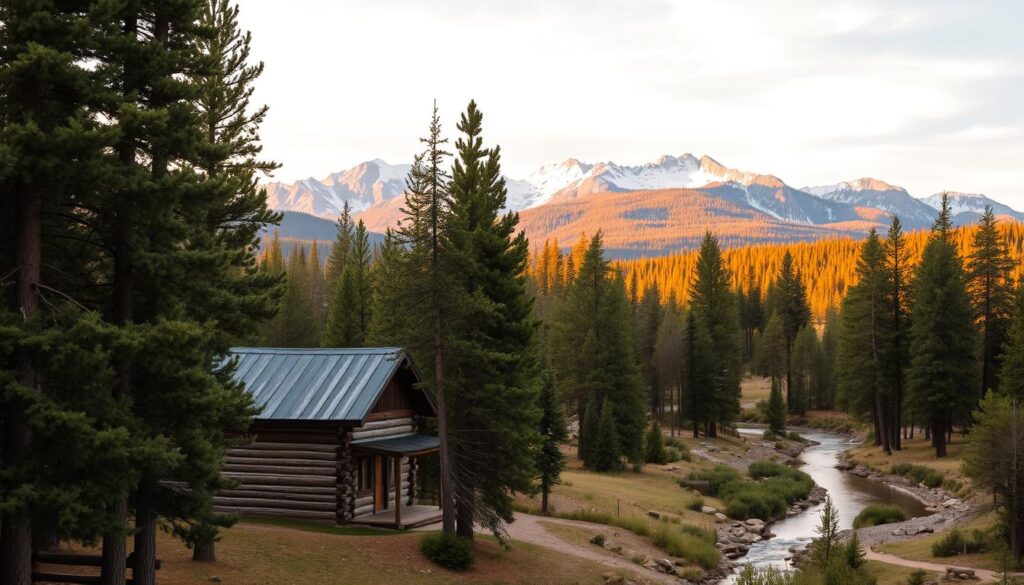 A picturesque landscape of the Custer Gallatin National Forest, showcasing the rugged beauty of the West Yellowstone region. In the foreground, a rustic cabin nestled amidst a grove of towering pine trees, its log walls and weathered exterior evoking a sense of rustic simplicity. The middle ground reveals a winding mountain stream, its crystal-clear waters reflecting the surrounding peaks and forests. In the distance, the majestic Gallatin Range rises, its snow-capped summits bathed in warm, golden light. The scene is bathed in a soft, diffused lighting, creating a serene and inviting atmosphere, perfect for a cozy, off-the-grid retreat.