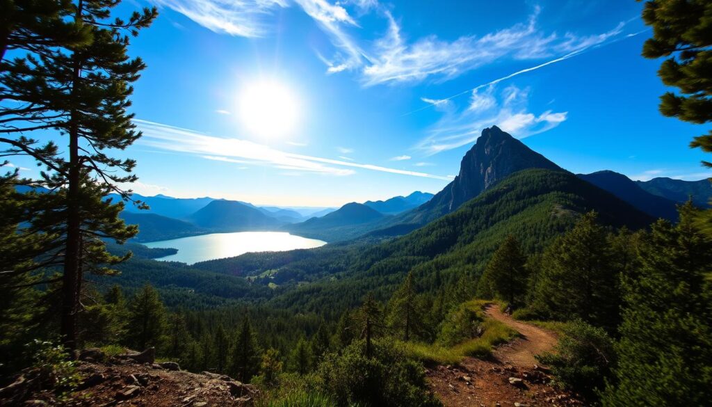 A picturesque mountain vista, with verdant forests cascading down to a shimmering lake. The sun casts a warm glow, illuminating the rugged peaks in the distance. A winding trail snakes through the foreground, inviting hikers to explore the serene wilderness. Wispy clouds drift across the azure sky, adding depth and drama to the scene. The overall mood is one of tranquility and adventure, perfect for a romantic cabin retreat in North Carolina's stunning mountain landscape.