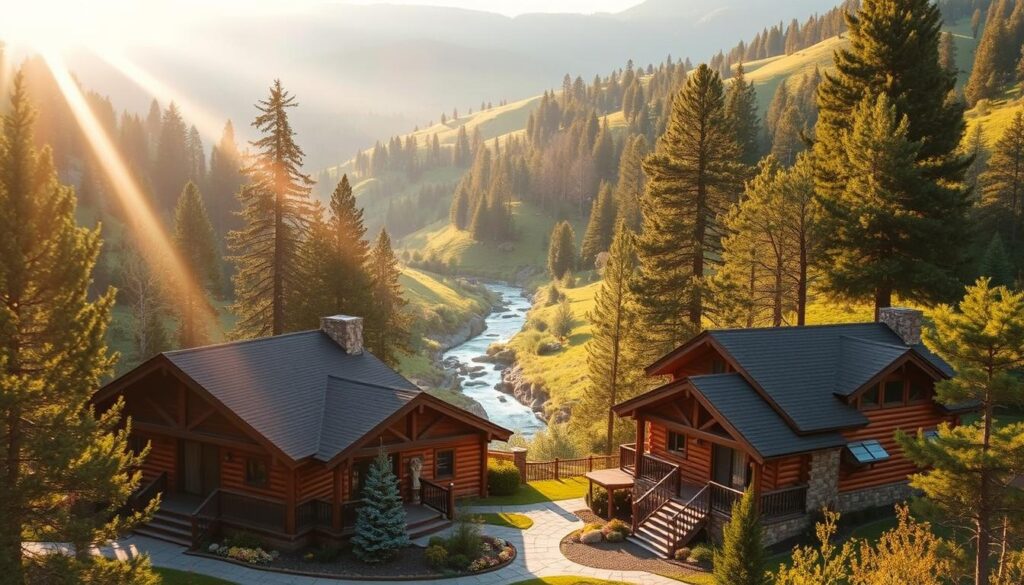A picturesque scene of rustic cabins nestled amidst the lush, rolling hills of Heise-Kelly Canyon, Idaho. The cabins, constructed with natural wood and stone, blend seamlessly into the serene, forested landscape. Warm sunlight filters through the canopy of towering pines, casting a golden glow over the cabins' inviting porches and surrounding gardens. In the distance, a gently flowing stream meanders through the canyon, its soothing sounds adding to the tranquil atmosphere. The cabins are positioned to offer easy access to hiking trails and outdoor recreation, catering to the needs of both adventurous travelers and those seeking a peaceful retreat.