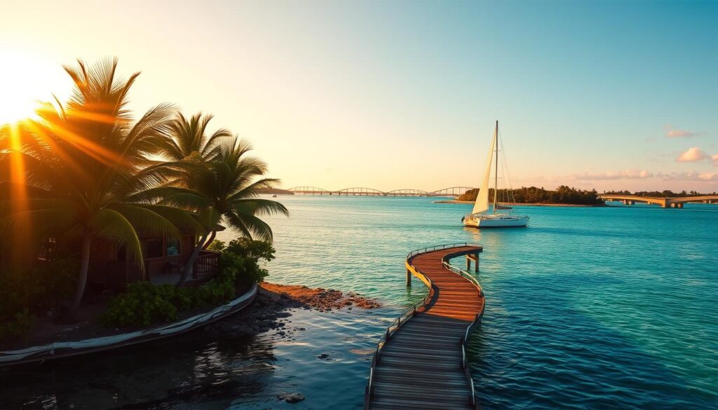 A picturesque tropical landscape of the Florida Keys, captured under the warm glow of a golden sunset. In the foreground, a secluded wooden cabin nestled amidst lush palm trees, its reflection shimmering in the calm, turquoise waters of a tranquil bay. Middle ground features a winding wooden dock leading out to a small sailboat, its sails billowing in the gentle breeze. In the background, a panoramic view of the island chain, with its distinctive curved bridges connecting the various islets. The scene exudes a sense of peaceful isolation, inviting the viewer to imagine a romantic, nature-filled getaway.