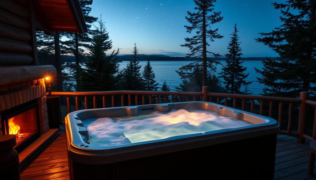 A private, rustic hot tub nestled on the deck of a cozy Northern Michigan cabin. Soft, warm lighting from a nearby fireplace casts a golden glow over the steaming water, creating an intimate, romantic atmosphere. In the distance, a tranquil lake reflects the stars above, its stillness broken only by the gentle lapping of waves. Lush evergreen trees surround the scene, their branches swaying gently in the cool evening breeze. The overall mood is one of peaceful seclusion, a perfect escape from the world, a haven of hot tub bliss.