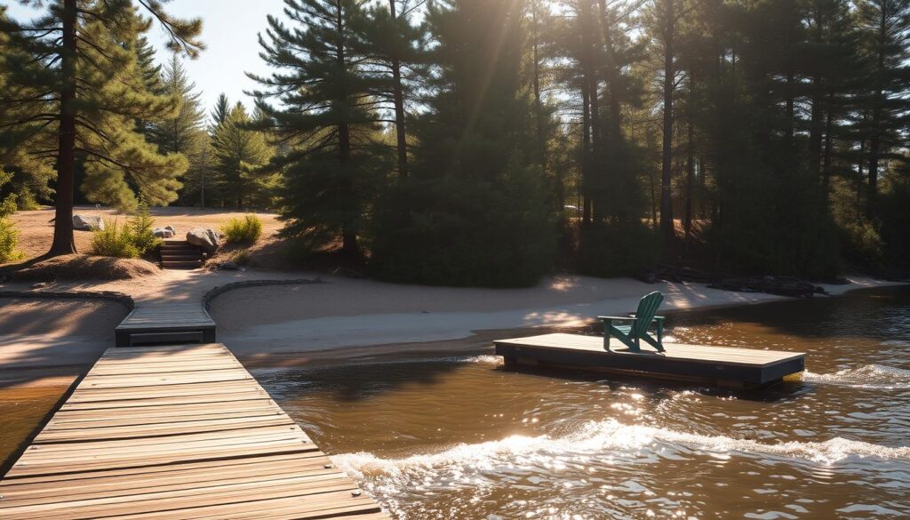 A private, sun-dappled waterfront with gently lapping waves lapping against a weathered wooden dock. The secluded beach is framed by towering pines and lush greenery, creating a sense of tranquil seclusion. Soft natural light filters through the canopy, casting warm, golden hues across the sandy shore and sparkling waters. A lone Adirondack chair sits near the water's edge, inviting visitors to pause and savor the peaceful ambiance. The scene exudes a timeless, historic charm combined with modern comforts, perfectly capturing the essence of a romantic cabin escape.