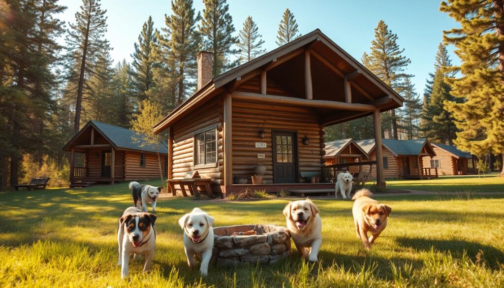A quaint, rustic cabin nestled amidst the towering pines of the Idaho wilderness, its weathered wooden exterior complemented by a cozy porch and a crackling fire pit. In the foreground, a group of friendly pups frolic, exploring the lush, green landscape. In the middle ground, several additional cabins come into view, each offering a unique take on the quintessential mountain retreat. The scene is bathed in warm, golden sunlight, creating a welcoming and serene atmosphere. The camera captures this idyllic scene from a low angle, emphasizing the grandeur of the surrounding nature and the inviting charm of the cabins. This image aims to showcase the variety of pet-friendly cabin options available in Idaho's most picturesque regions.