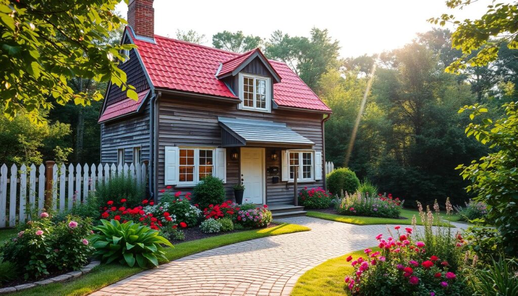 A quaint, two-story cottage nestled in the heart of Lewes, Delaware. The picturesque building features a charming wooden exterior with a red-tiled roof, surrounded by a well-manicured garden dotted with vibrant flowers. Warm sunlight filters through the windows, casting a cozy glow over the scene. In the foreground, a cobblestone path leads to the cottage's inviting front door, while in the background, a lush forest frames the idyllic setting. The atmosphere is peaceful and serene, perfectly capturing the essence of a romantic Delaware getaway cabin near beaches and woodlands.