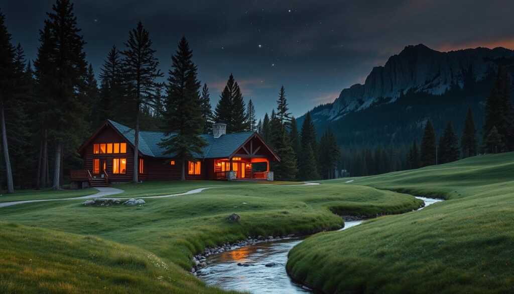 A romantic cabin nestled in the serene Black Hills of South Dakota, surrounded by towering pine trees and rugged granite formations. The warm glow of the cabin's windows contrasts with the cool, moody hues of the evening sky. In the foreground, a winding stream cuts through the lush, rolling hills, its gentle currents reflecting the twinkling stars above. The scene is bathed in soft, golden light, creating an inviting and tranquil atmosphere, perfect for a cozy, intimate getaway.