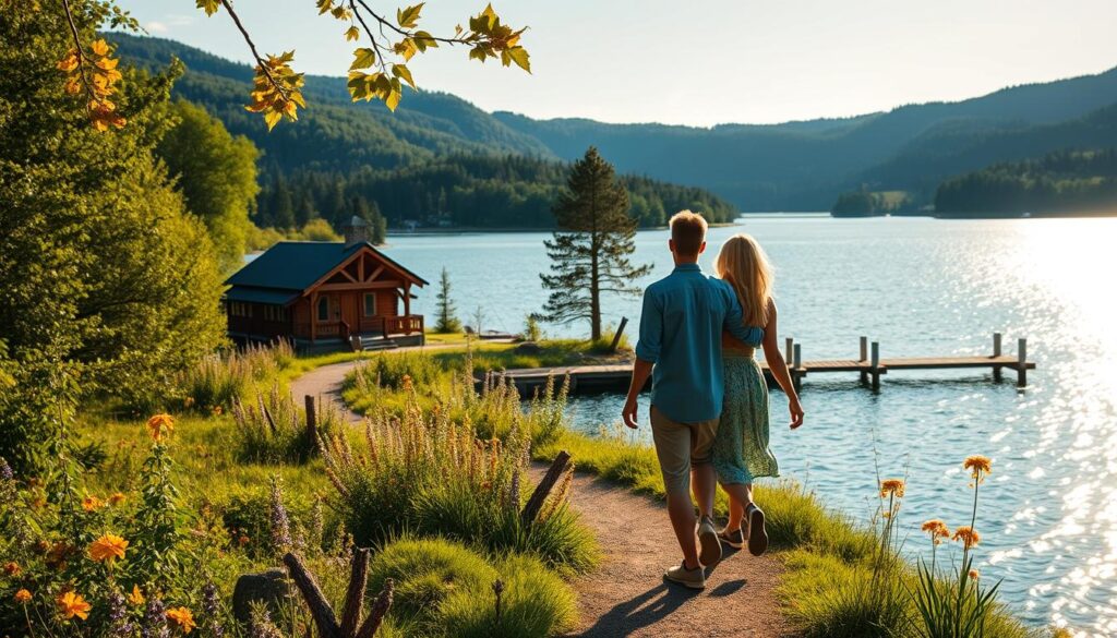 A romantic couple strolling hand-in-hand along a picturesque waterfront path, taking in the breathtaking views of a tranquil lake surrounded by lush, verdant foliage. In the foreground, the pair pauses to admire the glistening waters and the vibrant wildflowers lining the trail. The middle ground reveals a quaint, rustic cabin nestled in the distance, its charming architecture and wooden beams blending seamlessly with the natural landscape. The background is framed by a backdrop of rolling hills and a clear, azure sky, illuminated by the warm, golden glow of the afternoon sun. This serene, idyllic scene evokes a sense of tranquility and the simple pleasures of outdoor exploration and quality time together.