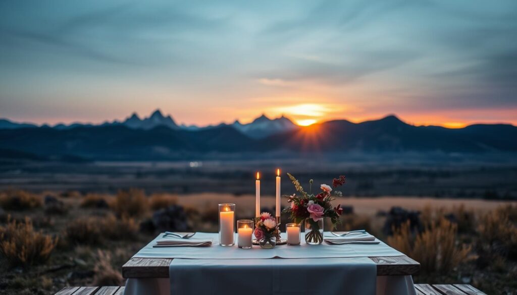 A romantic outdoor dining setting in the vast expanse of the Montana wilderness, with the majestic Big Sky as the backdrop. In the foreground, a cozy wooden table is dressed with a crisp white tablecloth, adorned with delicate floral arrangements and flickering candles, creating a warm and intimate ambiance. The middle ground features a sprawling mountain vista, with rugged peaks piercing the horizon under a golden sunset glow. Soft, diffused lighting bathes the scene, lending a dreamy, cinematic quality. The overall atmosphere evokes a sense of rustic elegance, perfectly suited for an unforgettable date night in the heart of Big Sky Country.
