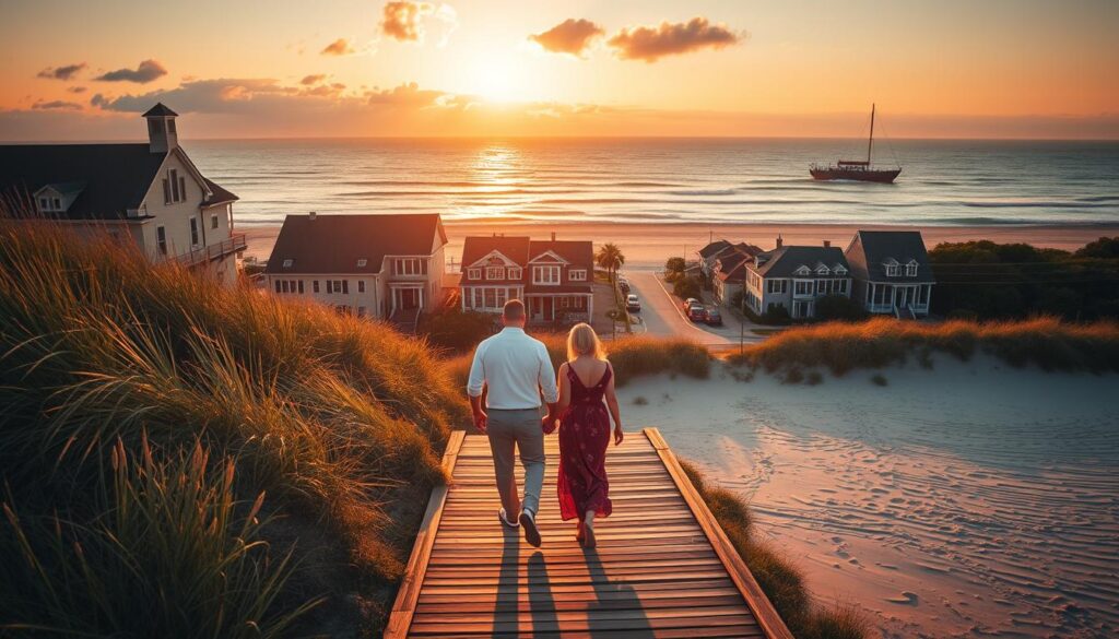 A romantic sunset scene of Amelia Island, Florida. In the foreground, a couple walks hand-in-hand along a wooden boardwalk, surrounded by lush, swaying dunes. The middle ground features historic buildings and charming streets of the island's quaint town, bathed in warm, golden light. In the background, the vast Atlantic Ocean stretches out, its waves gently lapping at the sandy shore. The overall atmosphere is one of timeless, serene beauty, inviting couples to get lost in the magic of this picturesque coastal destination.