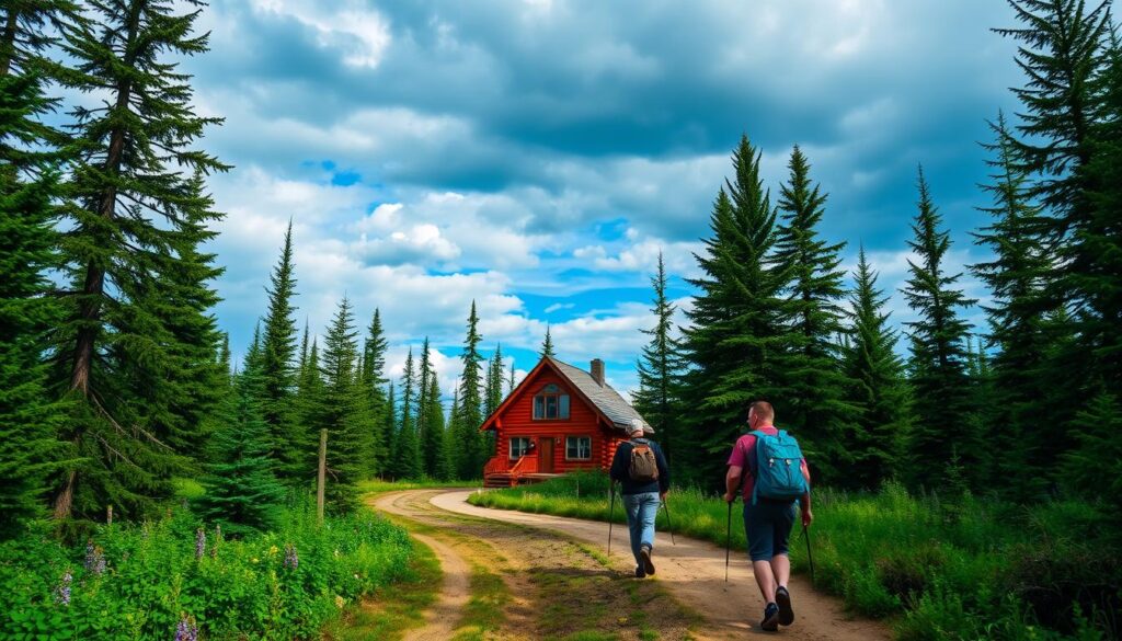 A rugged dirt trail winds through a lush, verdant forest, leading to a cozy log cabin nestled in the heart of the Alaskan wilderness. The cabin's warm, inviting exterior is framed by towering pine trees, their branches casting dappled shadows across the scene. In the foreground, hikers carrying backpacks navigate the path, their expressions filled with a sense of adventure and anticipation. The sky overhead is a breathtaking blend of blues and grays, hinting at the changeable nature of the Alaskan climate. The scene conveys a sense of remote isolation and the thrill of discovering a hidden oasis in the vast, untamed landscape. A rugged dirt trail winds through a lush, verdant forest, leading to a cozy log cabin nestled in the heart of the Alaskan wilderness. The cabin's warm, inviting exterior is framed by towering pine trees, their branches casting dappled shadows across the scene. In the foreground, hikers carrying backpacks navigate the path, their expressions filled with a sense of adventure and anticipation. The sky overhead is a breathtaking blend of blues and grays, hinting at the changeable nature of the Alaskan climate. The scene conveys a sense of remote isolation and the thrill of discovering a hidden oasis in the vast, untamed landscape.