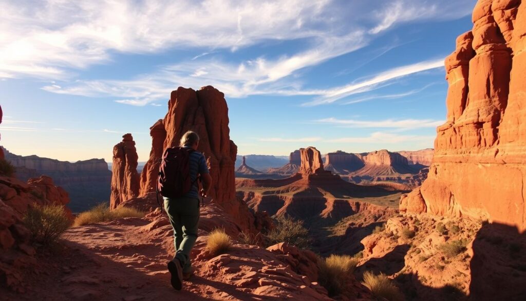 A rugged trail winds through towering red rock formations, casting dramatic shadows in the warm afternoon light. In the foreground, a hiker navigates the uneven terrain, backpack slung over their shoulders as they take in the breathtaking views. Wispy clouds dot the azure sky, while the middle ground reveals distant peaks and mesas, their weathered surfaces glowing in the golden hour. The scene evokes a sense of adventure and exploration, perfectly capturing the spirit of a day spent hiking amid the natural wonders of Utah's stunning landscapes.