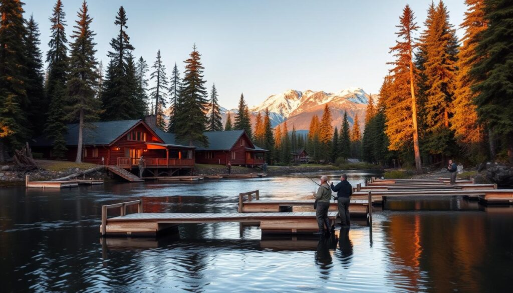 A rustic Kenai River fishing lodge nestled among the towering spruce trees, its log cabin silhouette reflecting in the calm, glassy waters. Wooden docks extend into the river, where anglers in waders cast their lines, hoping to reel in the prized Alaskan salmon. The lodge's warm, inviting exterior is bathed in the soft, golden light of the evening sun, casting a cozy glow over the serene, wilderness setting. In the background, snow-capped mountains rise majestically, creating a breathtaking backdrop for this quintessential Alaskan retreat. A rustic Kenai River fishing lodge nestled among the towering spruce trees, its log cabin silhouette reflecting in the calm, glassy waters. Wooden docks extend into the river, where anglers in waders cast their lines, hoping to reel in the prized Alaskan salmon. The lodge's warm, inviting exterior is bathed in the soft, golden light of the evening sun, casting a cozy glow over the serene, wilderness setting. In the background, snow-capped mountains rise majestically, creating a breathtaking backdrop for this quintessential Alaskan retreat.