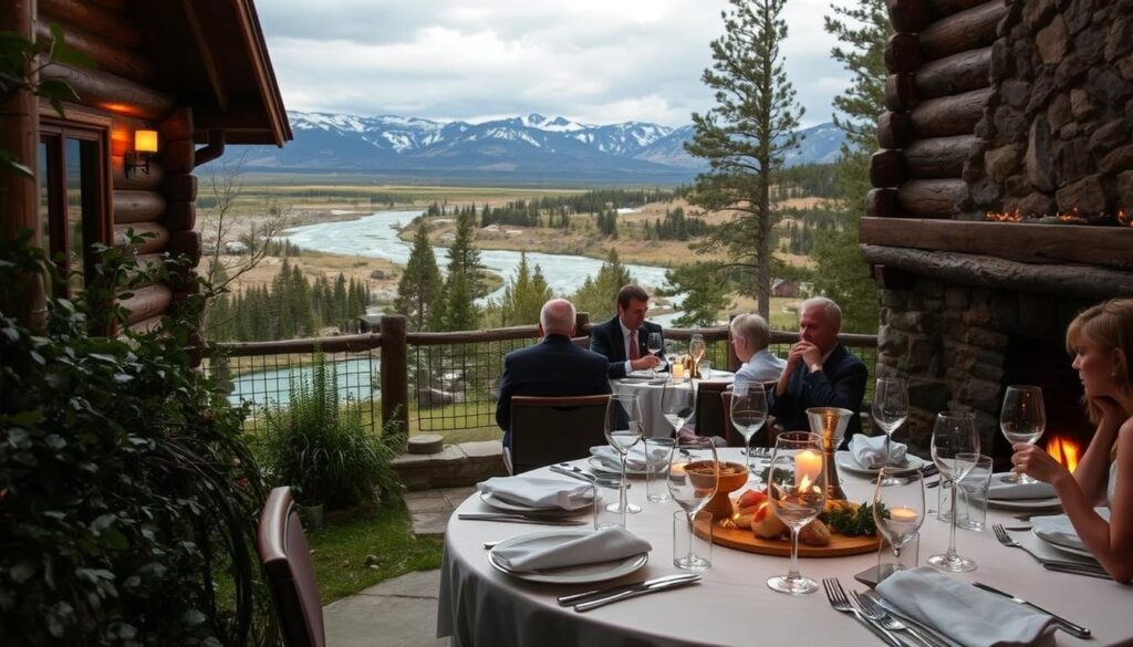 A rustic cabin nestled amidst lush foliage overlooking a sparkling river, where a group of well-heeled guests enjoy a refined yet casual dining experience. In the foreground, a table is set with fine china and crystal glassware, while a blazing fireplace casts a warm glow. In the middle ground, smartly dressed diners savor expertly prepared dishes, engaging in lively conversation. In the background, the dramatic Big Sky landscape frames the scene, with distant peaks dusted in snow. The mood is one of relaxed sophistication, a perfect balance of rugged wilderness and refined elegance.