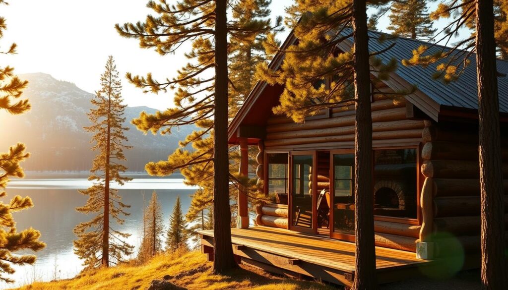 A rustic cabin nestled in the pine-clad mountains of Montana, bathed in warm golden light. In the foreground, a cozy porch with rocking chairs overlooks a tranquil lake, its glassy surface reflecting the surrounding peaks. Tall fir trees frame the scene, casting long shadows across the cabin's weathered wood siding. The interior is visible through large windows, revealing a inviting fireplace and plush furnishings. An aura of peaceful seclusion permeates the scene, beckoning the viewer to escape the stresses of the outside world and immerse themselves in the serene beauty of this monthly cabin retreat.