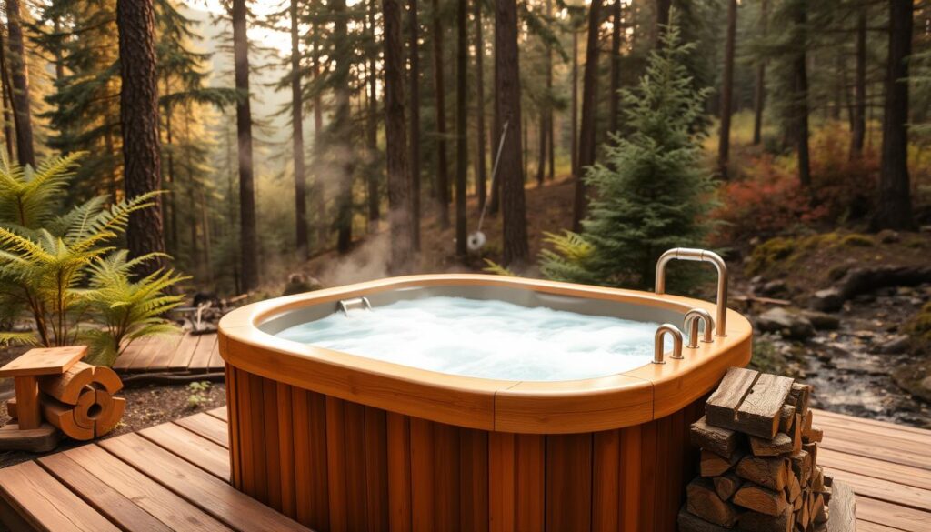 A rustic cedar hot tub nestled in a secluded forest clearing, surrounded by towering pines and ferns. Steaming water gently bubbles, inviting weary guests to unwind. Warm ambient lighting casts a golden glow, while a plush wooden deck provides a smooth, slip-resistant surface. High-quality stainless steel fittings and controls offer easy temperature and jet adjustments. Nearby, a stack of neatly split firewood stands ready to stoke the tub's soothing heat. The calming sounds of a nearby creek complete this tranquil, luxurious experience, elevating the true spirit of a wilderness retreat.