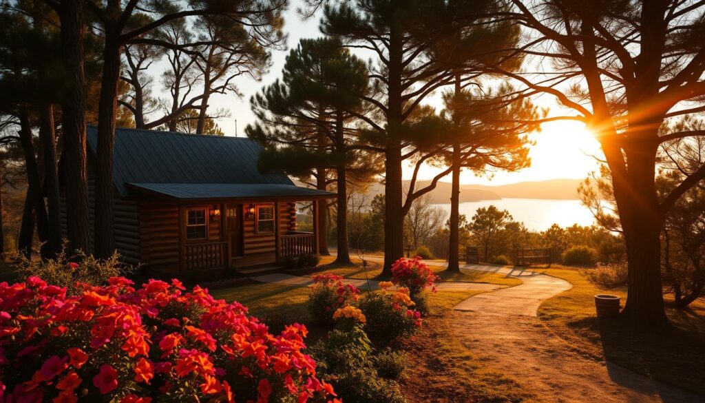 A rustic, charming cabin nestled amidst towering pine trees, its wooden facade reflecting the warm glow of the setting sun. In the foreground, a well-tended garden bursts with vibrant flowers, while a winding path leads to the glistening waters of Lake Granbury, its historic shores framed by the rolling hills of the Texas countryside. Soft, diffused lighting bathes the scene, creating a sense of tranquility and timeless appeal. The composition is balanced, with the cabin as the focal point, surrounded by the natural beauty that embodies the perfect getaway near the historic town of Granbury.