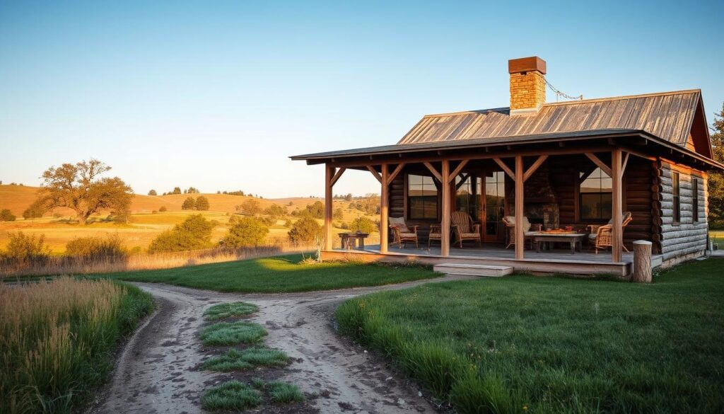 A rustic, charming cowtown cabin nestled in the picturesque Delaware countryside. The weathered wooden exterior is framed by a wraparound porch, inviting guests to sit and soak in the serene, pastoral surroundings. Large windows flood the interior with warm, natural light, revealing cozy furnishings and a stone fireplace that evokes a sense of coziness and comfort. In the foreground, a dirt path leads towards the cabin, flanked by tall grass and wildflowers. In the middle ground, rolling hills dotted with oak trees create a serene, pastoral landscape. The background features a cloudless, azure sky that completes the tranquil, romantic ambiance of this unique glamping destination.