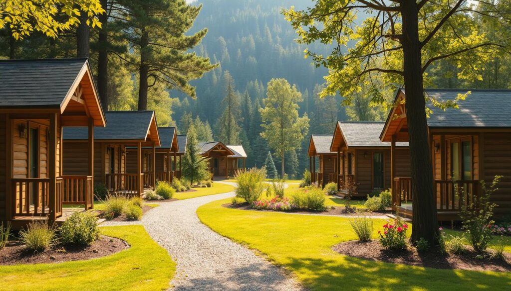 A rustic cluster of charming budget cabins nestled in a lush, verdant landscape. The cabins feature warm, weathered wood exteriors, pitched roofs, and cozy front porches. Soft natural light filters through the surrounding trees, casting a golden glow across the scene. In the foreground, a gravel path winds between the cabins, inviting exploration. The middle ground reveals a well-tended garden bursting with colorful blooms. In the distance, a serene forest backdrop provides a peaceful, secluded ambiance. This idyllic setting exudes a sense of simple, affordable luxury - the perfect romantic getaway destination.