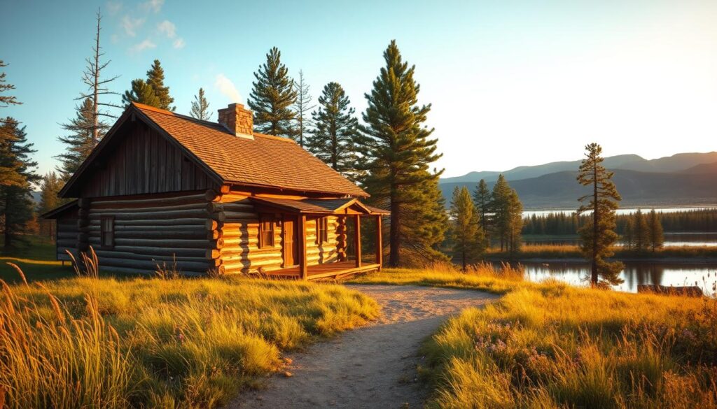 A rustic log cabin nestled in a verdant pine forest, bathed in soft, golden afternoon light. The cabin's weathered exterior and chimney smoke evoke a bygone era, inviting you to step back in time. In the foreground, a well-worn path leads to the cabin's entrance, flanked by tall grasses and wildflowers. The middle ground reveals a tranquil lake, its mirrored surface reflecting the towering pines. In the background, rolling hills and distant mountains create a picturesque, serene landscape. This idyllic scene captures the essence of rustic simplicity, transporting you to a moment of timeless beauty and peace in the heart of Montana.