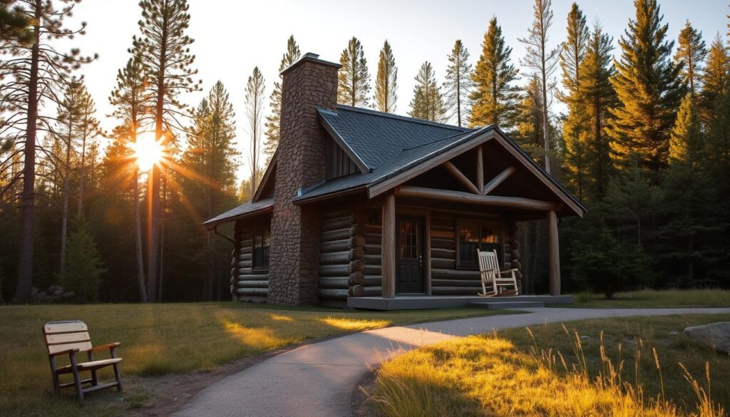 A rustic log cabin nestled in the heart of the Montana wilderness, bathed in the warm glow of a late afternoon sun. The structure stands tall, its weathered logs and stone chimney emanating an aura of timeless charm. The cabin is surrounded by a lush, verdant forest, with towering pines and aspens reaching towards the sky. In the foreground, a well-worn path leads to the cabin's inviting porch, where a rocking chair beckons visitors to sit and take in the serene surroundings. The scene is infused with a sense of tranquility and simplicity, capturing the essence of a forest service cabin rental in Montana.