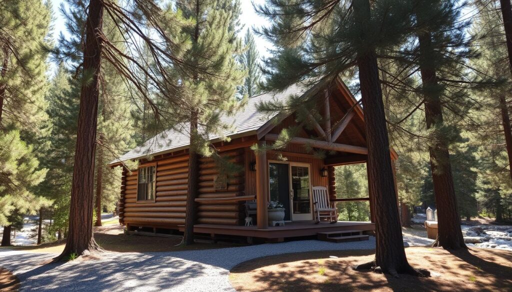 A rustic log cabin nestled in the lush, evergreen canopy of Boise National Forest. The cabin's weathered exterior blends seamlessly with the surrounding pine trees, their branches gently swaying in the cool mountain breeze. In the foreground, a gravel path leads to the cabin's inviting porch, where a pair of rocking chairs beckon visitors to relax and take in the serene natural beauty. Dappled sunlight filters through the trees, casting a warm, golden glow over the scene. In the distance, a glimpse of a crystal-clear stream glistens, its soothing sounds echoing through the tranquil forest. This idyllic setting perfectly captures the essence of a cozy, off-the-grid retreat nestled within the rugged wilderness of Boise National Forest.
