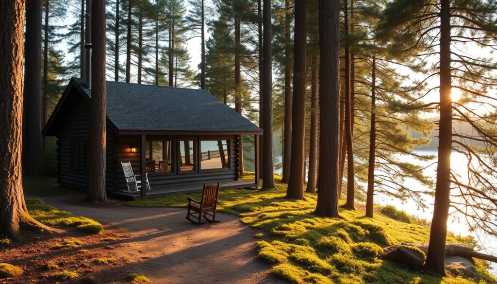 A rustic pine barrens cabin nestled amidst a forest of towering evergreen trees, its weathered wooden facade blending seamlessly with the lush, mossy undergrowth. Sunlight filters through the canopy, casting a warm, golden glow across the scene. The cabin's windows reflect the tranquil waters of a nearby lake, its surface rippling gently in the breeze. A winding dirt path leads to the cabin's inviting porch, where a rocking chair invites you to sit and absorb the peaceful solitude of this serene, nature-immersed retreat.
