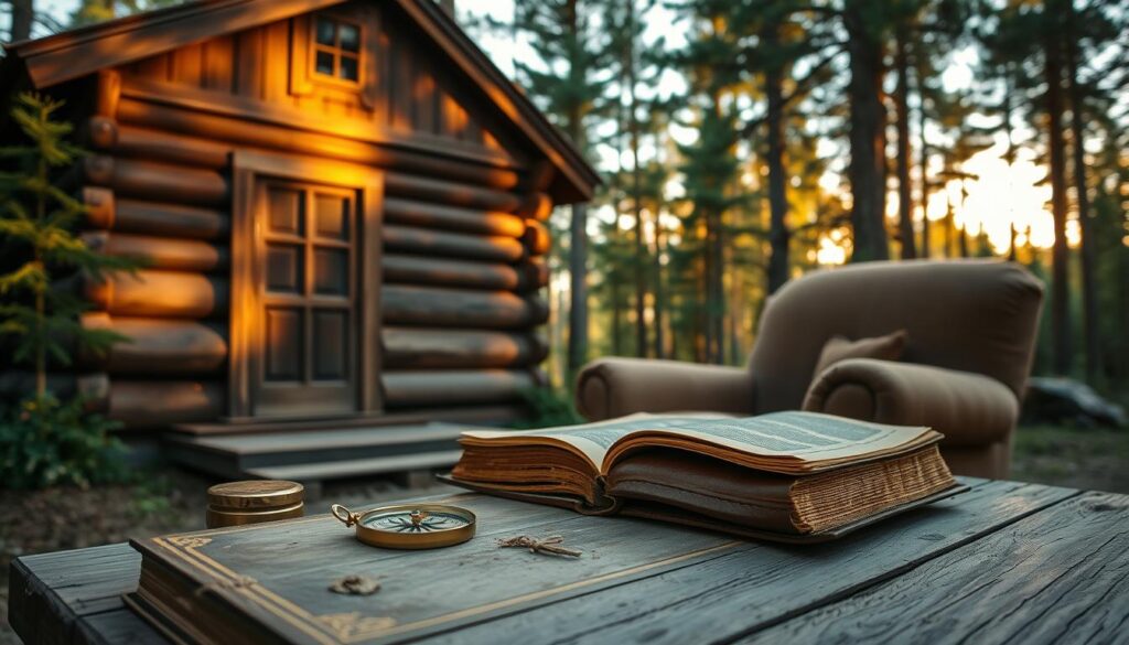 A rustic wooden cabin nestled in a lush, verdant forest, bathed in the warm glow of the setting sun. In the foreground, a worn leather-bound book with a worn spine sits atop a weathered wooden table, its pages open, inviting the viewer to explore its contents. Beside it, a gleaming brass compass points the way, a symbol of guidance and direction. The middle ground features a cozy armchair upholstered in a rich, earthy fabric, beckoning the viewer to settle in and immerse themselves in the tranquility of the scene. In the background, the silhouettes of towering pine trees sway gently, casting soft shadows across the cabin's exterior, creating a serene and inviting atmosphere.