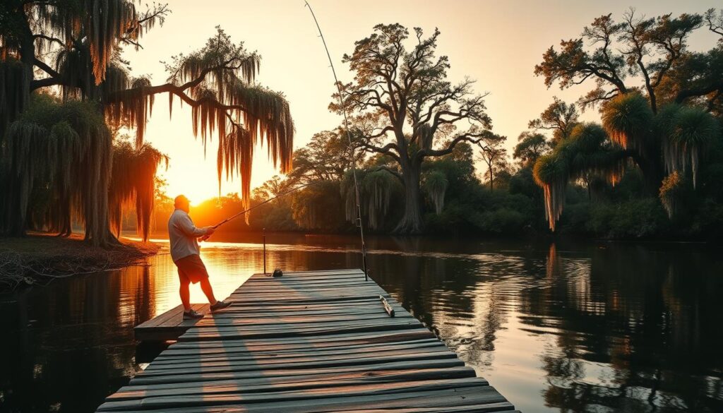 A rustic wooden dock stretching into a tranquil, meandering river under a warm, golden sunset. In the foreground, a seasoned angler casts his line with practiced skill, the glint of his fishing rod catching the fading light. Surrounding the scene, towering cypress trees draped in Spanish moss sway gently, their reflection mirrored in the still waters. The air is filled with the soothing sounds of flowing water and the distant call of wildlife, creating a timeless, nostalgic atmosphere. The overall composition evokes a sense of serene escapism, a step back in time to a simpler, more peaceful way of life.