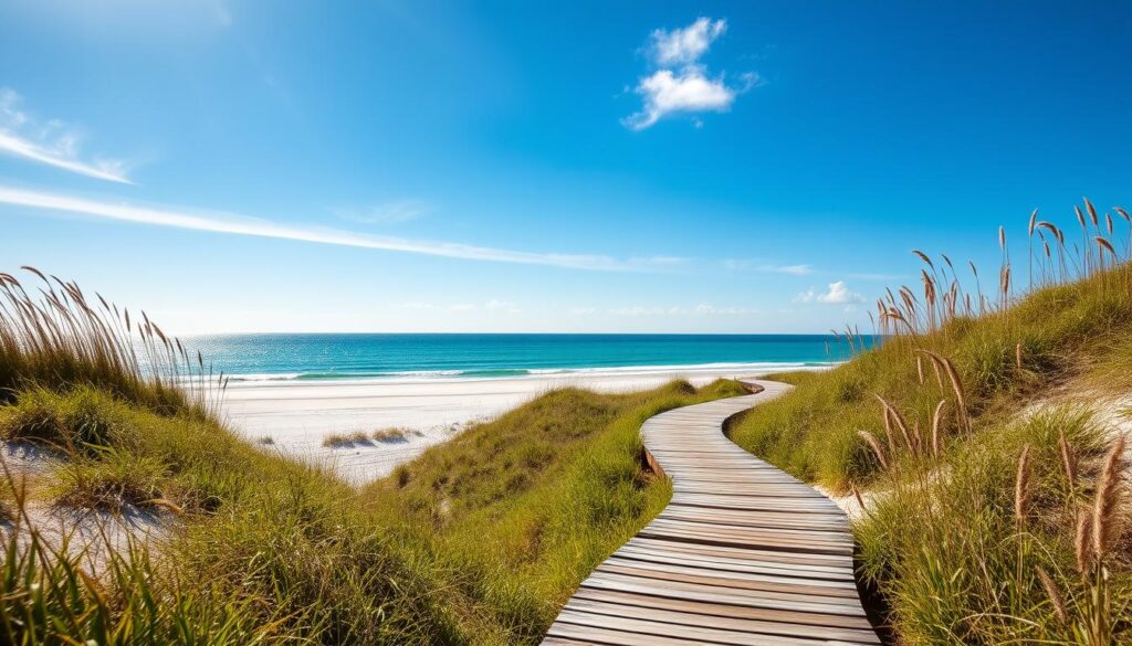 A scenic beach access path leading to the sparkling azure waters of the Gulf of Mexico. In the foreground, a weathered wooden boardwalk winds gracefully through verdant dunes, dotted with swaying sea oats. Sunlight filters through wispy clouds, casting a warm, golden glow over the scene. In the middle ground, a well-maintained golf cart path invites easy access to the beach, while the background showcases the boundless horizon, where the sky and sea seamlessly blend. An atmosphere of relaxation and coastal tranquility permeates the entire composition, capturing the essence of a quintessential Corpus Christi beach experience.