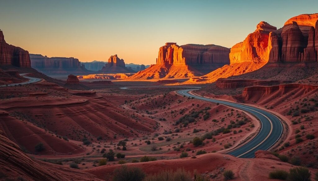 A scenic desert landscape at dusk, the arid red cliffs of Moab in the foreground transitioning into the towering sandstone formations of Zion National Park in the distance. Winding desert roads snake through the frame, suggesting the journey from one iconic park to the next. Warm, golden lighting illuminates the scene, casting long shadows and creating a romantic, adventurous atmosphere. The composition emphasizes the vastness of the Utah wilderness, inviting the viewer to imagine an unforgettable road trip through these remarkable natural wonders.