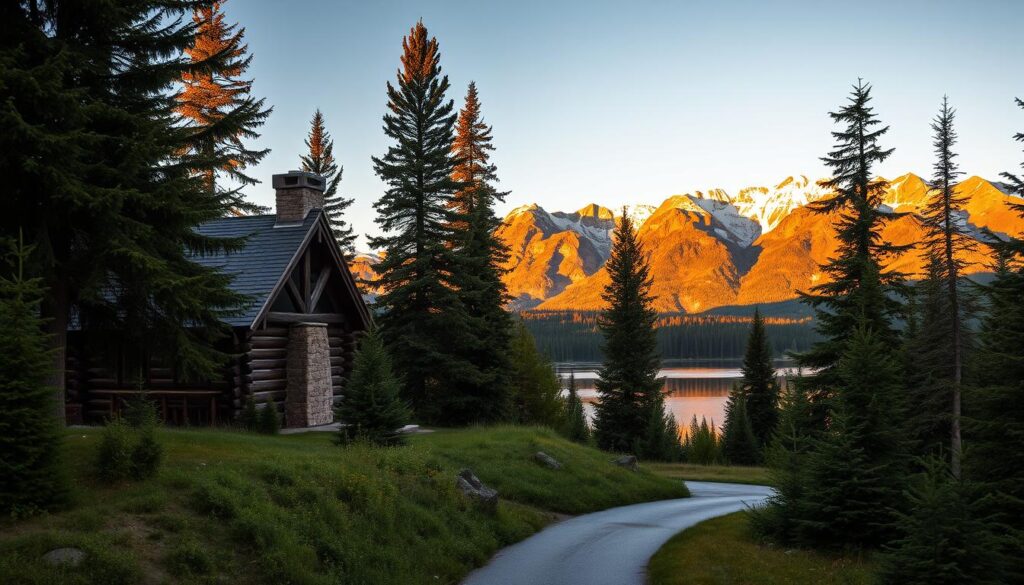 A scenic mountain landscape at golden hour, with a rustic log cabin nestled amidst a grove of towering pine trees. The cabin is framed by a wide porch, its weathered wood and stone chimney adding to its charming, homely ambiance. In the foreground, a winding path leads towards the cabin, flanked by lush, verdant foliage. In the middle ground, a serene lake reflects the warm, glowing sky, its still waters mirroring the surrounding peaks. The background features a majestic mountain range, their snow-capped summits bathed in the soft, golden light of the setting sun, creating a breathtaking and picturesque scene.