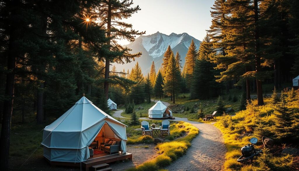 A scenic mountain trail winding through lush, verdant landscapes, dotted with elegant glamping tents nestled amidst the natural beauty. Warm, golden sunlight filters through the canopy of towering pines, casting a soft, inviting glow across the scene. In the foreground, a well-appointed tent with luxurious furnishings and amenities beckons, hinting at the comforts of a high-end camping experience. The middle ground features additional tents spaced discreetly, allowing for privacy and a sense of seclusion. In the distance, rugged, snow-capped peaks rise majestically, creating a breathtaking backdrop that heightens the sense of being immersed in the great outdoors. An atmosphere of tranquility and adventure, perfectly in harmony with the cabin getaway experience. A scenic mountain trail winding through lush, verdant landscapes, dotted with elegant glamping tents nestled amidst the natural beauty. Warm, golden sunlight filters through the canopy of towering pines, casting a soft, inviting glow across the scene. In the foreground, a well-appointed tent with luxurious furnishings and amenities beckons, hinting at the comforts of a high-end camping experience. The middle ground features additional tents spaced discreetly, allowing for privacy and a sense of seclusion. In the distance, rugged, snow-capped peaks rise majestically, creating a breathtaking backdrop that heightens the sense of being immersed in the great outdoors. An atmosphere of tranquility and adventure, perfectly in harmony with the cabin getaway experience.