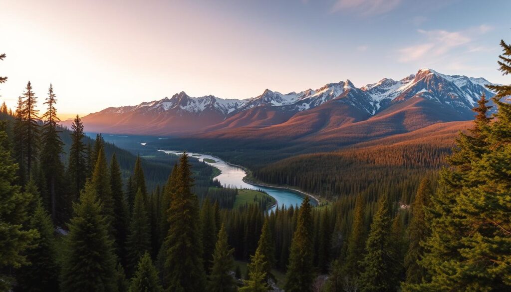 A scenic, panoramic view of the rugged, forested Idaho Panhandle. In the foreground, a lush, evergreen landscape with towering pines and firs. In the middle ground, a winding, crystal-clear river snakes through the valley, its banks dotted with moss-covered rocks. In the background, majestic, snow-capped peaks rise up, their jagged silhouettes cutting against a warm, golden-hued sky, bathed in the soft, diffused light of a setting sun. The atmosphere is one of tranquility and natural splendor, inviting the viewer to explore the untamed wilderness and discover the rustic charm of Idaho's cabin retreats.
