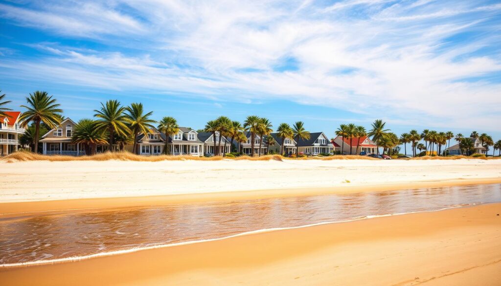 A scenic view of Rehoboth Beach, Delaware, on a warm, sunny day. The foreground features a pristine stretch of golden sand, with gentle waves lapping at the shore. In the middle ground, a row of picturesque beach houses and cottages, each with its own unique architectural style, nestled among lush, swaying palm trees. The background showcases the tranquil waters of the Atlantic Ocean, with a clear, azure sky dotted with wispy clouds. The overall atmosphere is one of relaxation and luxury, perfectly suited for a high-end cabin escape near the beach.
