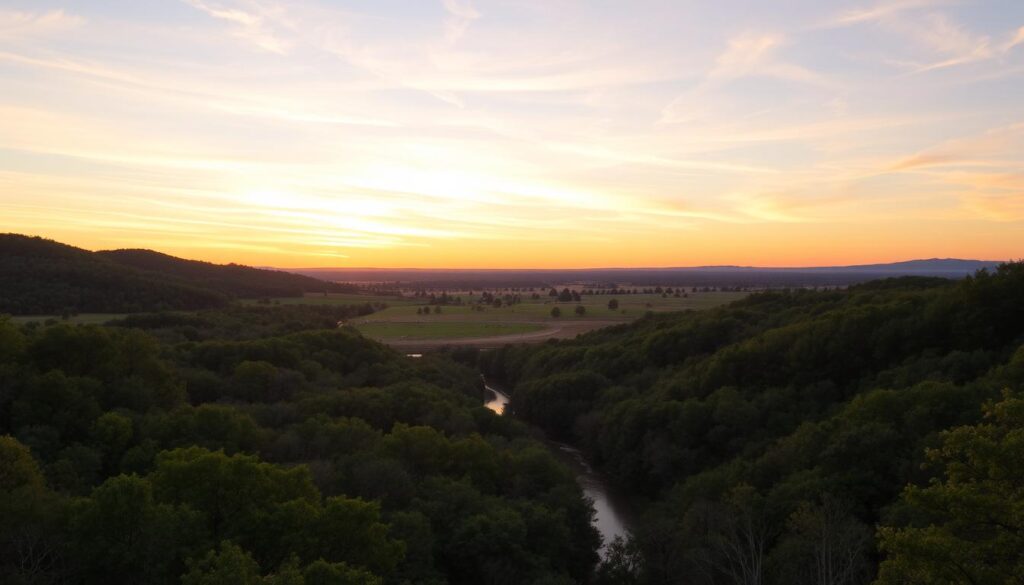 A scenic vista of a lush North Texas landscape, with rolling hills and dense forests in the foreground, gently leading the eye towards a vast, open sky. The setting sun casts a warm, golden glow, illuminating the canopy of verdant trees and the winding creek below. In the distance, a herd of majestic white-tailed deer graze peacefully, their movements graceful and unhurried. The sky is dotted with wispy clouds, tinged with hues of pink and orange, creating a serene and tranquil atmosphere. A sense of stillness and quiet contemplation pervades the scene, inviting the viewer to pause and appreciate the beauty of the natural world.