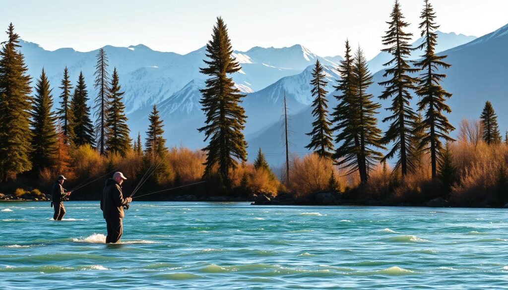 A scenic vista of the Kenai River in Alaska, with snow-capped mountains framing the background. In the foreground, anglers carefully cast their lines into the shimmering, emerald-green waters, their silhouettes backlit by the warm, golden glow of the afternoon sun. The riverbank is lined with tall, stately spruce trees, their branches swaying gently in the cool, crisp breeze. The scene exudes a sense of tranquility and natural wonder, perfectly capturing the essence of the Kenai River and the rugged, unspoiled wilderness of Cooper Landing. A scenic vista of the Kenai River in Alaska, with snow-capped mountains framing the background. In the foreground, anglers carefully cast their lines into the shimmering, emerald-green waters, their silhouettes backlit by the warm, golden glow of the afternoon sun. The riverbank is lined with tall, stately spruce trees, their branches swaying gently in the cool, crisp breeze. The scene exudes a sense of tranquility and natural wonder, perfectly capturing the essence of the Kenai River and the rugged, unspoiled wilderness of Cooper Landing.