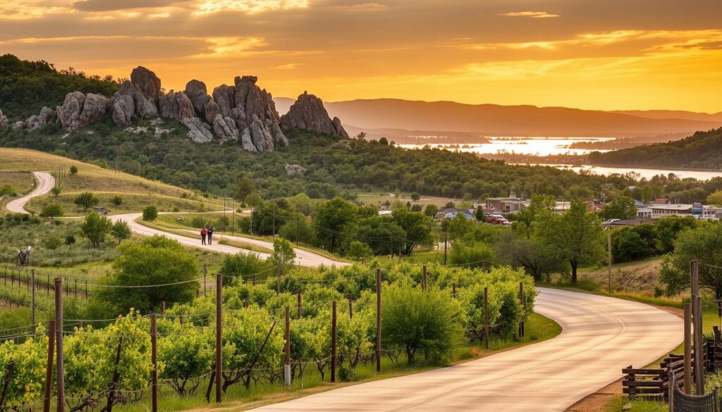 A scenic vista of the Texas Hill Country near Marble Falls, showcasing the region's natural attractions. In the foreground, a winding country road leads past rolling vineyards and orchards, hinting at the local wineries and agritourism offerings. The middle ground features the striking limestone formations of Longhorn Cavern State Park, with hikers exploring its trails. In the distant background, the serene waters of Lake Marble Falls glisten under a warm, golden-hour sky, framed by verdant hills and the silhouettes of live music venues. The overall mood is one of rustic charm, outdoor adventure, and the peaceful allure of this Texas Hill Country destination.
