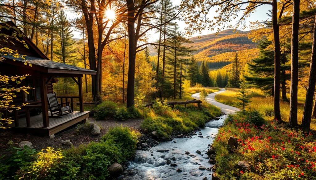 A secluded cabin nestled amidst a lush forest, bathed in warm, golden sunlight filtering through the canopy. In the foreground, a cozy porch with rocking chairs overlooks a tranquil stream, its gentle ripples reflecting the verdant foliage. The middle ground features a meandering path leading deeper into the woods, where towering evergreens and vibrant wildflowers create a serene, enchanting atmosphere. The background showcases rolling hills cloaked in a tapestry of autumn hues, creating a breathtaking, natural sanctuary. Captured with a wide-angle lens to emphasize the expansive, picturesque setting, this scene evokes a sense of solitude, peace, and the beauty of the great outdoors.