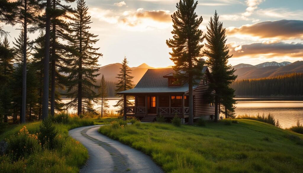 A secluded log cabin nestled amidst towering pines, surrounded by gently rolling hills and a tranquil lake reflecting the golden hues of sunset. Soft natural light filters through large windows, casting a warm, cozy glow. In the foreground, a winding path leads to the cabin's inviting porch, flanked by lush wildflowers. The background features distant snow-capped mountains, their peaks shrouded in wispy clouds. An atmosphere of peaceful solitude and rejuvenation pervades the scene, inviting the viewer to immerse themselves in the restorative power of this remote, accessible refuge.