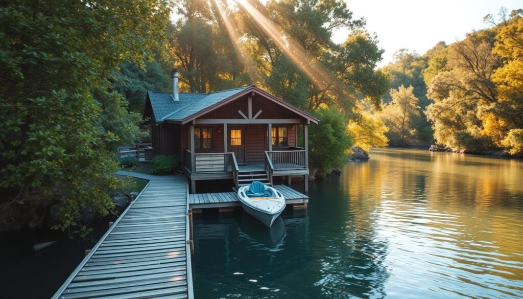 A secluded waterfront cabin nestled amidst lush foliage, with a private dock extending into the tranquil waters of Canyon Lake. The cabin's rustic exterior blends seamlessly with the natural surroundings, inviting guests to immerse themselves in the serene ambiance. A wooden walkway leads from the cabin's entrance directly to the dock, where a small boat or kayak awaits, ready to ferry occupants to explore the gently flowing river. Warm, golden sunlight filters through the trees, casting a soft glow over the scene and accentuating the cabin's weathered charm. The overall atmosphere evokes a sense of peaceful seclusion, allowing visitors to fully disconnect and embrace the calming essence of this idyllic waterfront retreat.