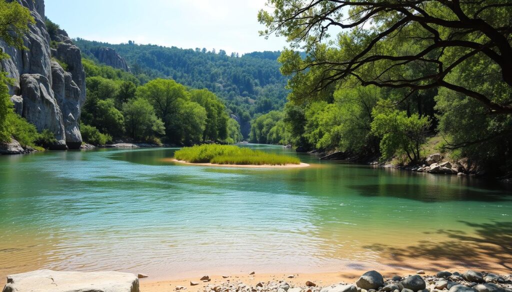 A serene and tranquil river winding through the lush Hill Country of Texas, the Frio River meanders peacefully between towering limestone cliffs and verdant cypress trees. The crystal-clear waters shimmer in the dappled sunlight, inviting visitors to wade, swim, or simply sit and admire the natural beauty. In the foreground, smooth river rocks and a small sandy beach frame the scene, while the middle ground features a gently curving river bend lined with vibrant green foliage. The background is dominated by the rolling hills and dense forests that characterize the Uvalde region, creating a picturesque and serene landscape. Captured with a wide-angle lens and soft, diffused lighting, this image evokes the tranquility and natural splendor of the Frio River, a quintessential Hill Country destination.