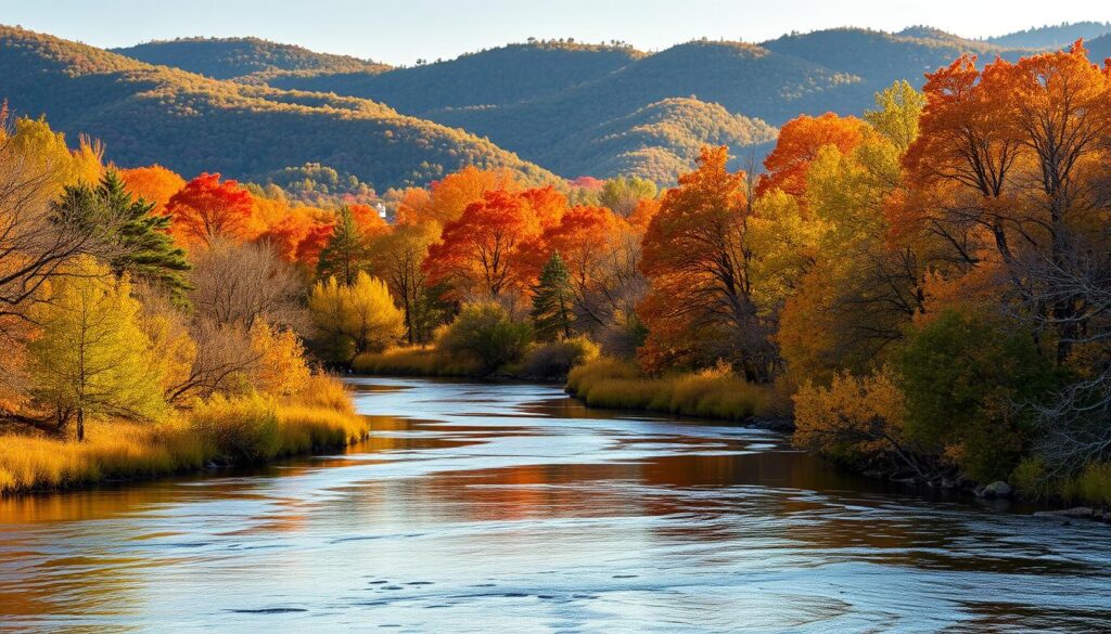 A serene autumn landscape at Lost Maples State Natural Area, Texas. The foreground features a winding river with still, reflective waters. In the middle ground, majestic stands of bigtooth maples burst with vibrant shades of red, orange, and gold. The background showcases rolling hills blanketed in lush, verdant foliage. Warm, golden sunlight filters through the canopy, casting a soft, magical glow across the scene. The composition emphasizes the natural beauty and tranquility of this iconic Texas park, inviting the viewer to experience its splendor and serenity.