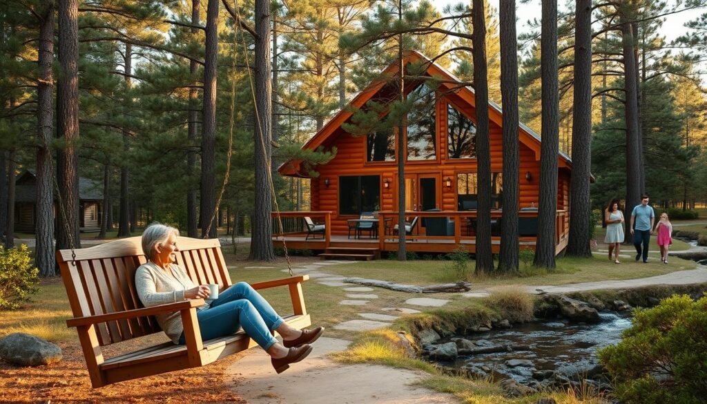 A serene cabin nestled in a lush North Texas forest, surrounded by towering pines and a tranquil stream. In the foreground, a cozy porch swing invites a couple to sway gently, sipping coffee and taking in the natural beauty. The middle ground reveals a well-appointed cabin, its warm wooden exterior complemented by large windows that frame the landscape. In the background, a family of four explores the nearby hiking trail, their laughter and wonder captured in the soft, golden light of the afternoon. This scene evokes a sense of peaceful retreat, where busy minds can unwind and the soul can find respite.