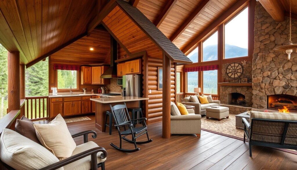 A serene cabin nestled in the Montana wilderness, surrounded by verdant forests and towering mountain peaks. In the foreground, a cozy porch adorned with plush cushions and a rocking chair, inviting guests to soak in the tranquil atmosphere. The middle ground features a well-equipped kitchen with rustic wooden cabinets, a farmhouse-style sink, and a dining table where guests can savor homemade meals. In the background, a spacious living room with large windows that flood the space with natural light, complemented by a fieldstone fireplace crackling with a warm, inviting glow. The overall scene exudes a sense of comfort, relaxation, and spiritual renewal, perfectly capturing the essence of a rejuvenating retreat.
