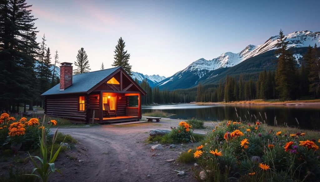 A serene cabin nestled in the heart of Montana's pristine wilderness, surrounded by towering pines and majestic snow-capped peaks. The warm glow of the cabin's exterior, illuminated by the soft light of the setting sun, beckons for a moment of deep rest and reflection. In the foreground, a well-worn path leads to the cabin's inviting porch, where a rocking chair waits to soothe the weary soul. The middle ground is dotted with wildflowers, their vibrant colors a testament to the untamed beauty of this remote haven. In the background, a crystal-clear lake reflects the tranquil scene, its surface like a mirror, offering a sense of calm and serenity. This is a place to exhale, to disconnect from the world, and to reconnect with the rhythm of nature.