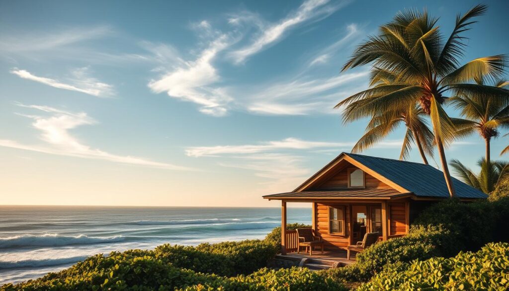 A serene coastal landscape, with a cozy cabin nestled amidst verdant foliage. The cabin, bathed in warm, golden sunlight, stands tall against a backdrop of rolling ocean waves and an expansive, open sky. Wispy clouds drift lazily overhead, casting gentle shadows that dance across the weathered wood and inviting porch. The air is crisp and refreshing, carrying the salty tang of the sea and the earthy scent of the surrounding flora. Lush palm trees sway gently in the ocean breeze, creating a tranquil, idyllic atmosphere. The cabin's architecture blends seamlessly with the natural environment, offering a peaceful escape from the world, where the stresses of daily life fade away, replaced by the soothing embrace of the coastal setting.